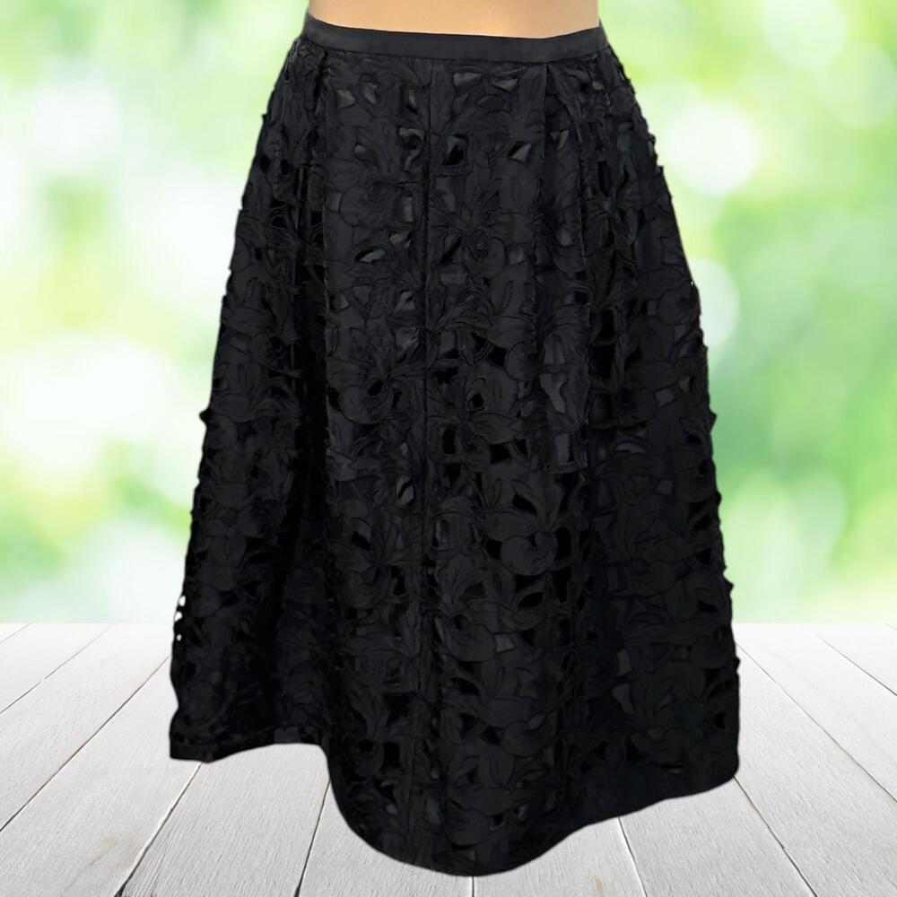 Vintage TALBOTS Silk Midi Skirt Cutwork Lace A Line Formal Black Petite 6P
